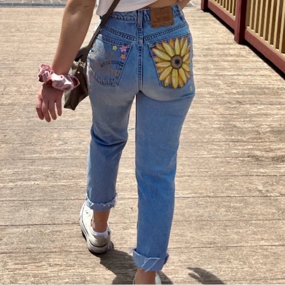 Levi's Light Blue Boyfriend Jeans w/ Custom Hand Paint